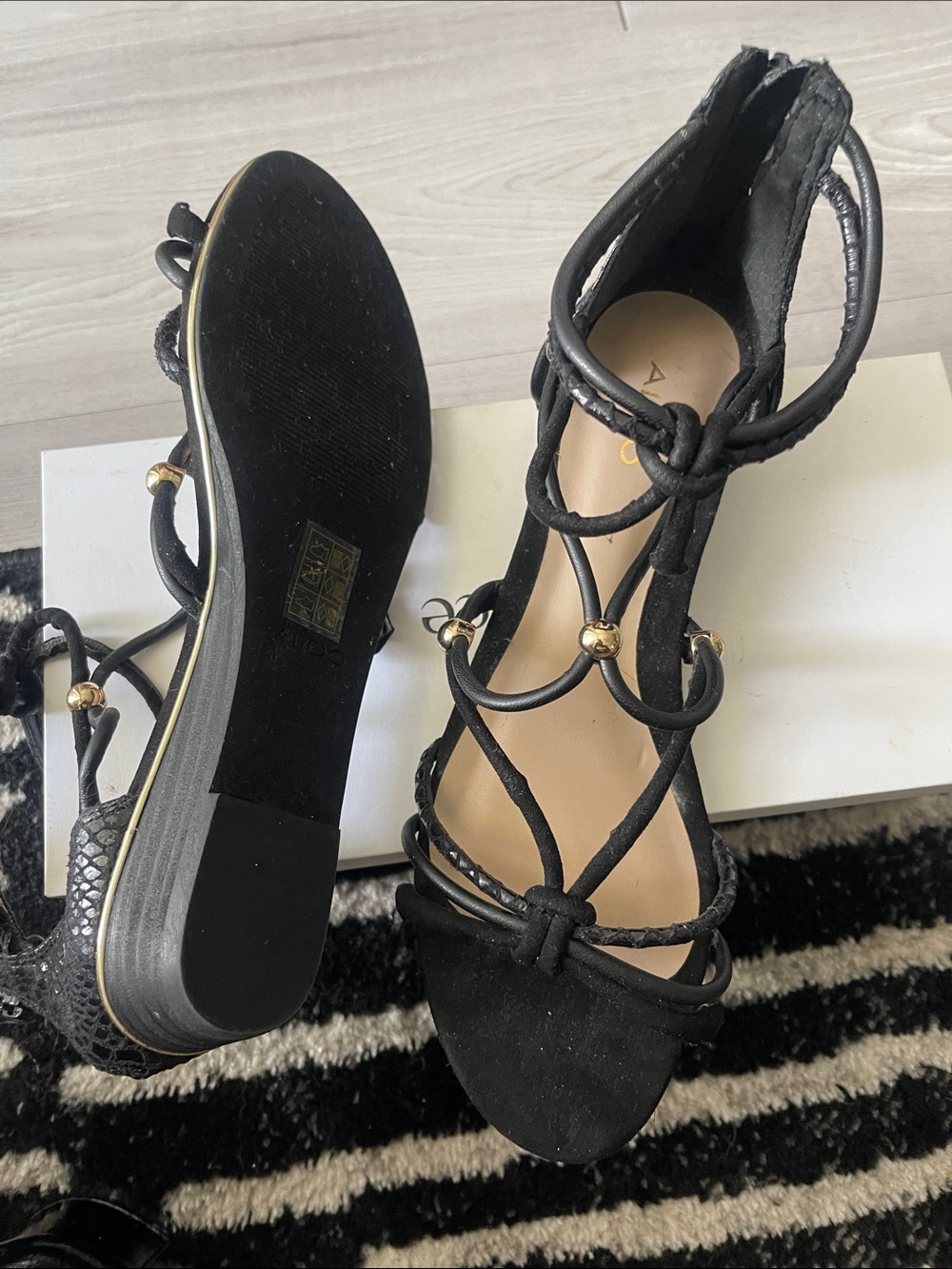 Aldo Black Strappy Gladiator Sandals with Gold Bead Accents